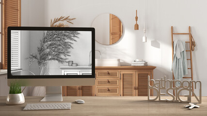 Architect designer project concept, wooden table with keys, 3D letters words bathroom design and desktop showing draft, blueprint CAD sketch in the background, wooden interior design