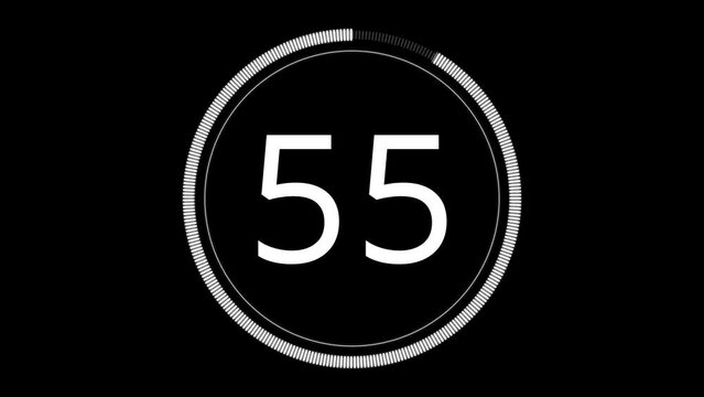 White circle countdown one minute animation from 60 to 0 seconds. Modern flat design with animation on dark black background.