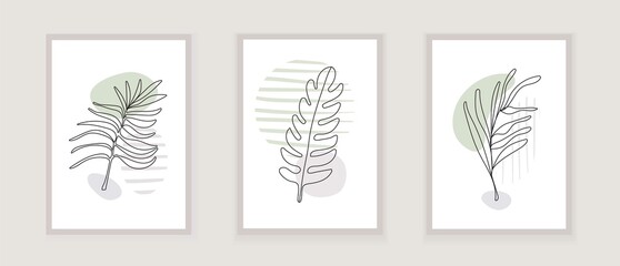 Fototapeta na wymiar Palm tree, fern line art vector for wall. Botanical prints boho vector set for wall. Bohemian style with line art foliage.