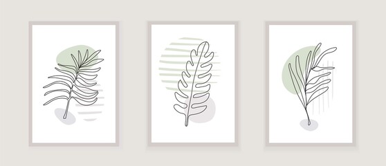 Palm tree, fern line art vector for wall. Botanical prints boho vector set for wall. Bohemian style with line art foliage. © passionart