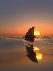 Shark fin on the surface of the sea at red sunset