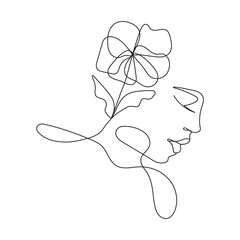 Boho woman beautiful face on abstract wall art vector. Surreal portrait, Girl face in continuous line style. T