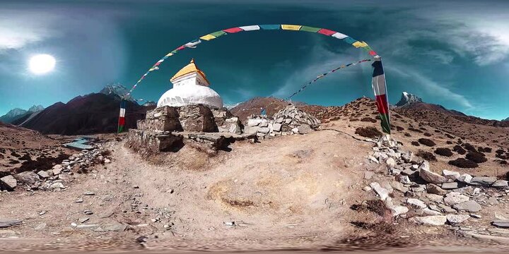 4K VR of Dingboche and Pheriche village in Nepal, basic point of everest base camp track. EBC. Buddhist stupa on mountain trekking path in Himalayas.