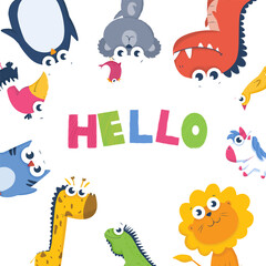 template post card cute animal characters with quotes for print