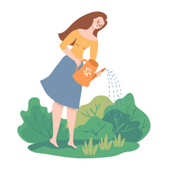 Beautiful happy cute woman with long hair with a watering can. Love of gardening, garden work. Colorful bright character with green garden isolated on white background. Flat, vector illustration.