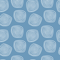 Fototapeta premium Hand drawn concentric circles seamless pattern. White circles on blue background.