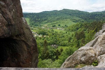 View of a village with small houses in the Carpathian mountains.