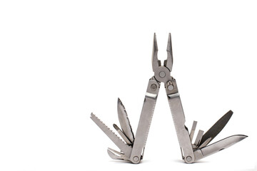 open pliers folding screwdrivers knife white background