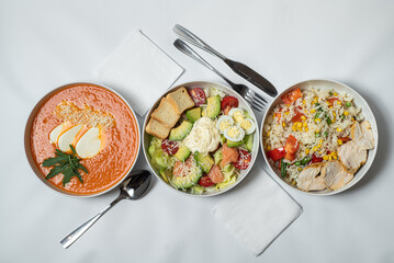 set of various plates of food isolated on white background
