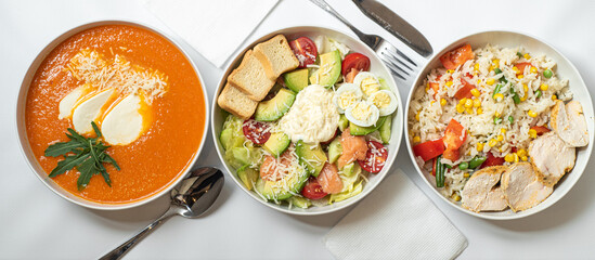 set of various plates of food isolated on white background