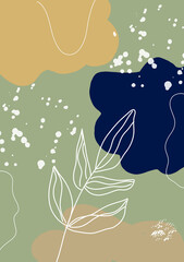 The picture is made in an abstract style. On an olive background, patches of different colors and leaves are drawn. It also has a lot of white dots