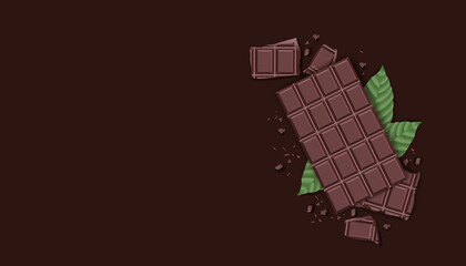 Happy world chocolate day with chocolate bar on broun background