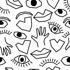 Seamless pattern body parts pattern, heart eye lips oneline style on white