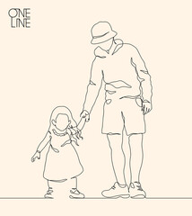 Father and child. Linear silhouette of family. Continuous single line