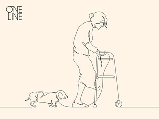 Old woman outline. Silhouette of lady with dog. Continuous single line