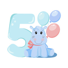 Cute baby boy hippo. Birthday invitation. Five years, 5 months. Happy birthday.