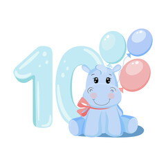 Cute baby girl hippo. Birthday invitation. Ten years, ten months. Happy birthday.	