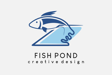 Freshwater fish farmer logo design, breeder or fish farming. Fish jumping over the pond with creative line art concept