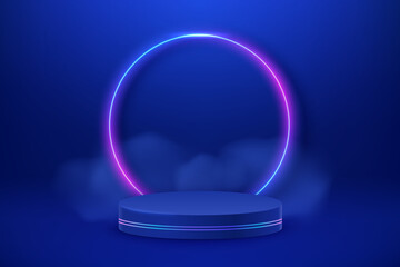 Empty podium with line gradient neon ring. Abstract scene with pink and blue neon glowing frame and smoke. Mockup scene