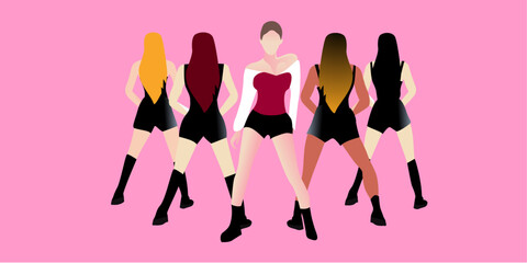 K-pop girl group concept cartoon illustration