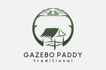 Paddy gazebo or traditional cottage logo design in a hand-drawn concept combined with a tree in a circle