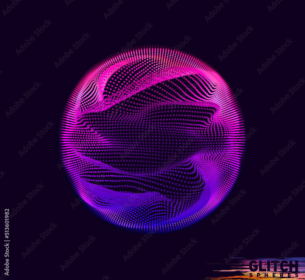 Sticker corrupted violet point sphere. abstract vector colorful mesh on dark background. futuristic style ca
