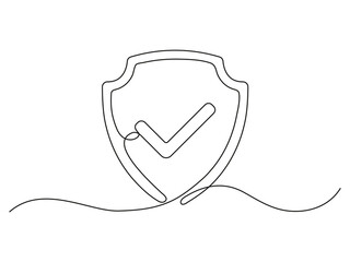 Shield with checkmark continuous line art. Protect linear symbol. Guard drawing sign. Vector isolated on white. © Віталій Баріда