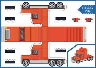 Craft game cut and glue paper truck. Create papercraft 3d toys car. Activity gaming page. Birthday template worksheet. Vector printable art puzzle game.