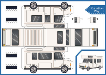 Cut and glue paper motor home. Craft kids game. Create papercraft 3d toys house car. Printable activity page template gaming worksheet. Vector puzzle game.
