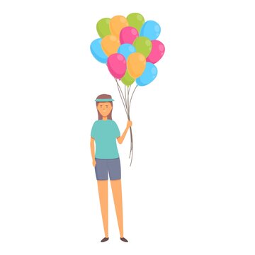 Sport woman balloon seller icon cartoon vector. Street sales. Selling kid