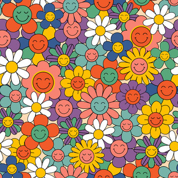 seamless pattern with colorful smiling flowers