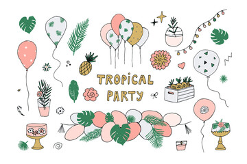 Tropical Hawaii party Birthday with monstera leaves, balloons, cake vector illustrations set