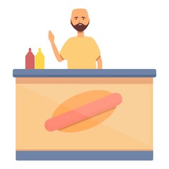 Hipster dog seller icon cartoon vector. Kiosk stall. Street stand
