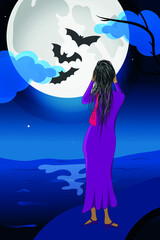 Obraz na płótnie Canvas Alone Girl In Moonlight Night Concept Illustration