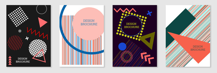 Set of cover design in Memphis style. Geometric design, abstract background. Fashionable bright cover, banner, poster, booklet. Creative colors.