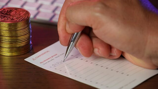A closeup view of a man writing his secret cryptocurrency wallet recovery "seed" phrase on a note card.	