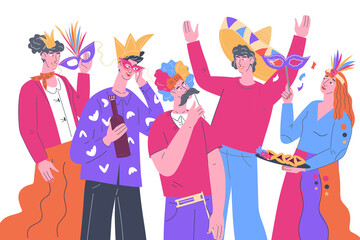 Fototapeta na wymiar People in carnival masks on festival, carnival or party event, flat vector illustration isolated on white background. Friends celebrating festive event. Birthday party, Purim and Mardi Gras holiday.