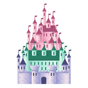 Set of children's fairytale castles on a white background. Flat cartoon vector illustration.
