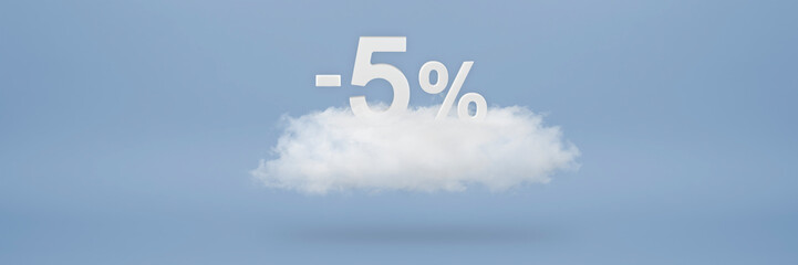 Discount 5 percent. Big discounts, sale up to five percent. 3D numbers float on a cloud on a blue background. Copy space. Advertising banner and poster to be inserted into the project