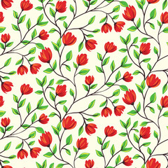 Seamless floral pattern with thin flowers branches on a white field. Cute ditsy print, liberty botanical background with small hand drawn flowers, tiny leaves on twigs. Vector illustration.