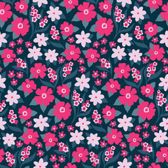 Seamless floral pattern, cute ditsy print with small pink flowers, leaves on a dark field. Girly botanical background with hand drawn decorative meadow in retro style. Vector illustration.