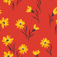 Seamless floral pattern with decorative plants in retro style. Simple design for ditsy print, botanical background with hand drawn yellow flowers on a red field. Vector illustration.