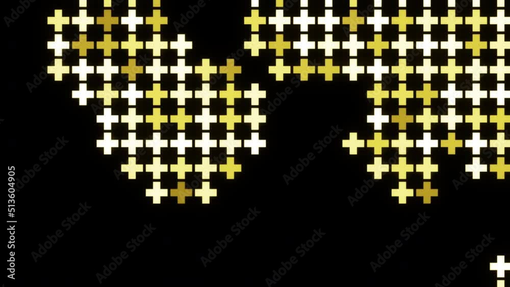 Poster background with mosaic symbols moving on black background. design. neon pluses move in retro style. 
