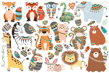 Funny Woodland and jungle tribal animals isolated vector set, cute wild forest fox and jungle tribals zoo, Ideal kids design