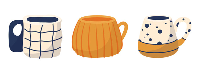 Collection of different modern cups decorated with design elements vector flat illustration. Set of colored mugs. Vintage cups isolated on white background