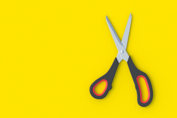 Opened scissors on yellow background. Barber equipment. Stationery accessories. Preschool education. Top view. Copy space. 3d render