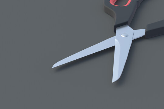 Opened scissors on gray background. Barber equipment. Stationery accessories. Preschool education. Copy space. 3d render
