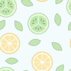 Seamless pattern - lemonade with cucumbers and mint leaves in kawaii style on a blue background.