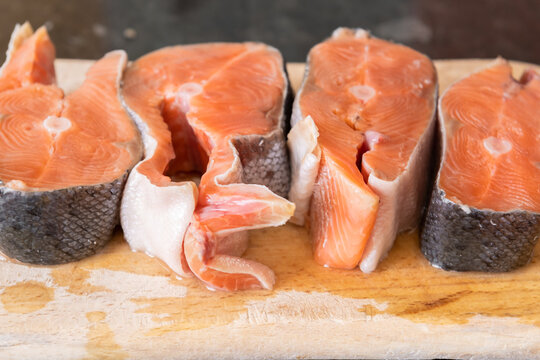 Red salmon fish. Salmon steaks. Healthy eating red salmon fish. Photo on fish production.