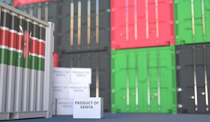 Carton with PRODUCT OF KENYA text and many containers, 3D rendering